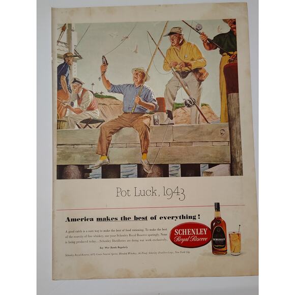 1943 Schenley Reserve Whiskey Print Ad Pot Luck Fishing Dock Scene 1940s Ephemer - Picture 6 of 7